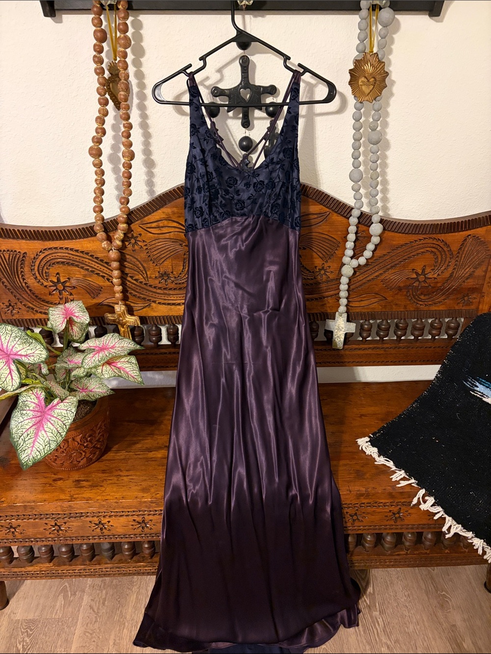 Vintage Silk-Feel Purple Satin Slip Dress with Lace Bodice